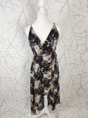 Essue Black Floral Print Strappy High Low Wrap Dress